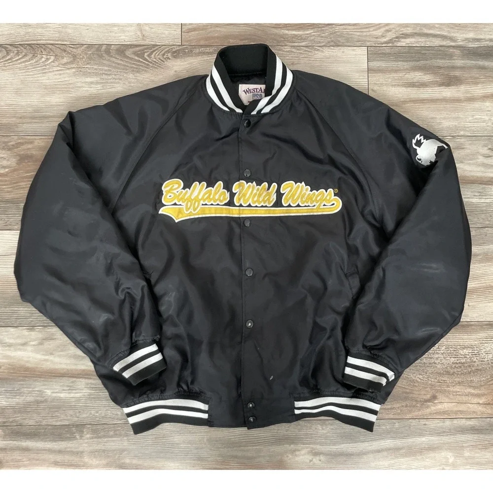 Vintage Buffalo Wild Wings Bomber Jacket Mens XL Westark Black Nylon Snap Front